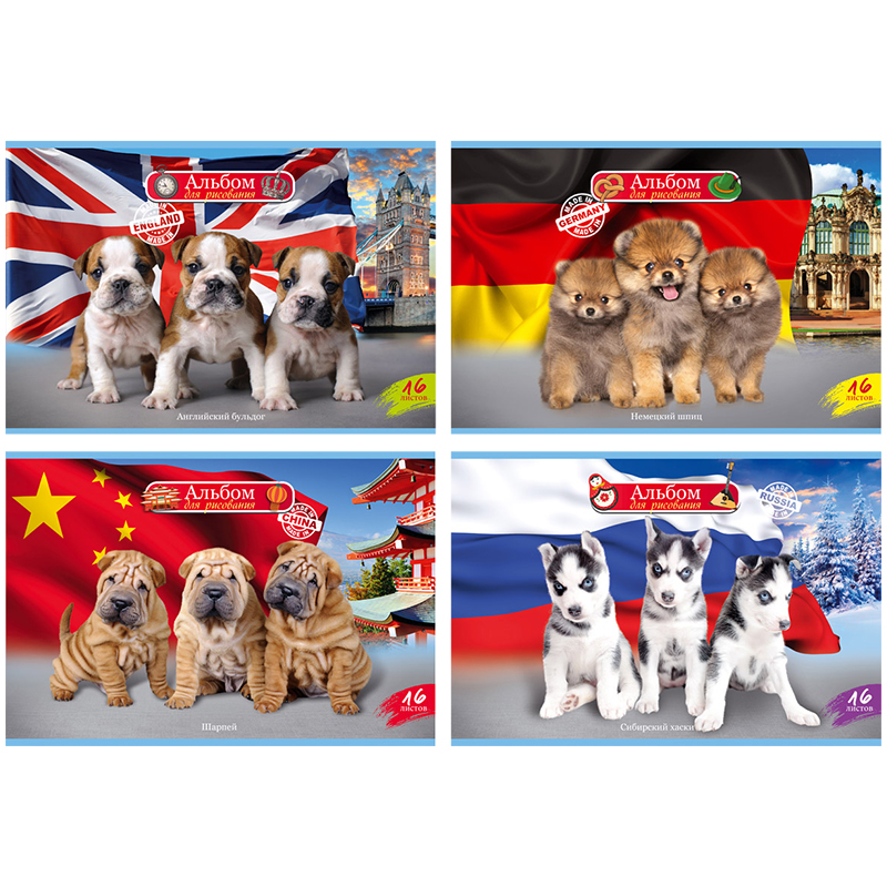 Альбом для рисования 16л., А4, на скрепке BG "World of dogs", эконом