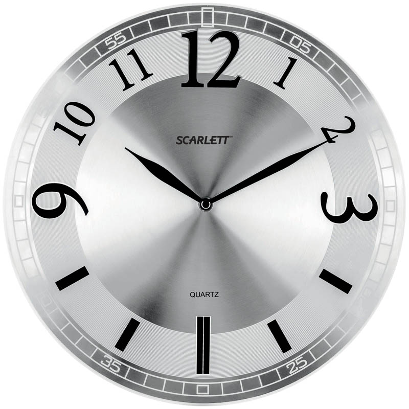 Часы настенные ход плавный, Scarlett SC-55N, круглые, 33*33*4,3, серебристая рамка