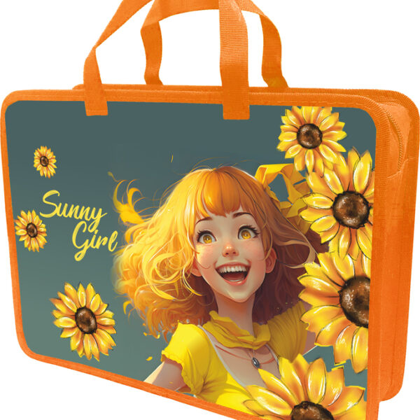 Папка-портфель Lamark Sunny Girl/Солнечная девочка, А4, 34х24,5х7 см, 1 отделение, на молнии, с ручками, печать по пластику с двух сторон
