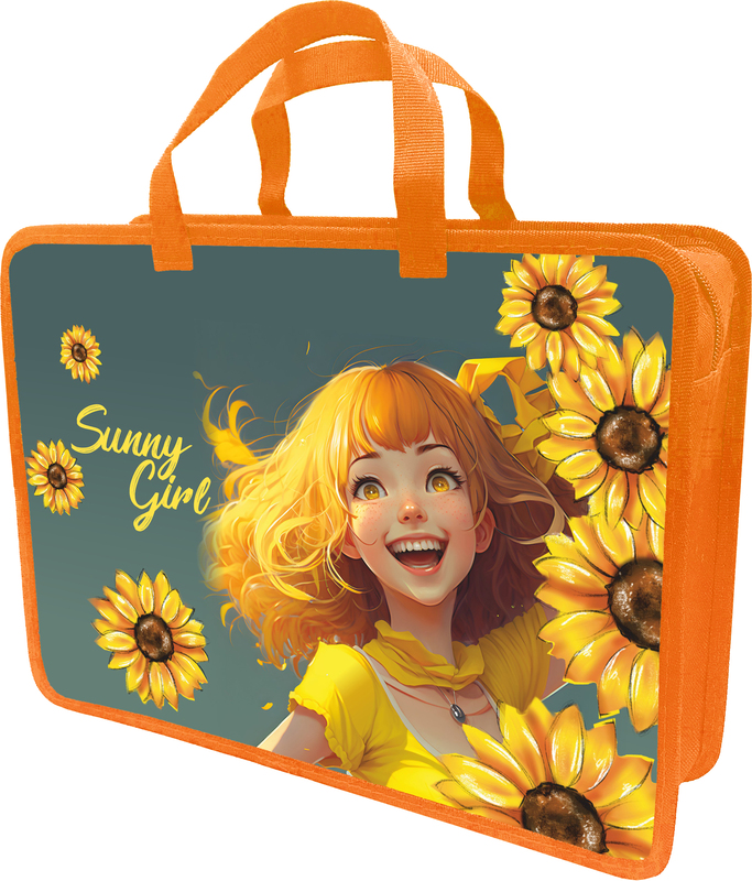 Папка-портфель Lamark Sunny Girl/Солнечная девочка, А4, 34х24,5х7 см, 1 отделение, на молнии, с ручками, печать по пластику с двух сторон