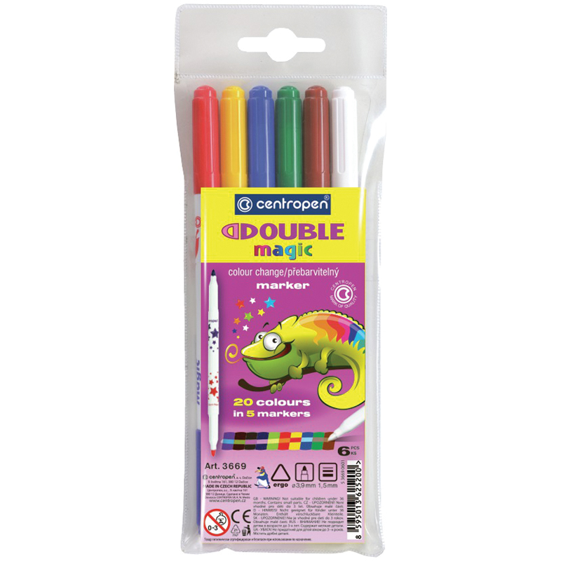 Фломастеры двусторонние меняющие цвет Centropen "Double Magic", 05цв+1, 6шт., 20цв., ПВХ, европодвес