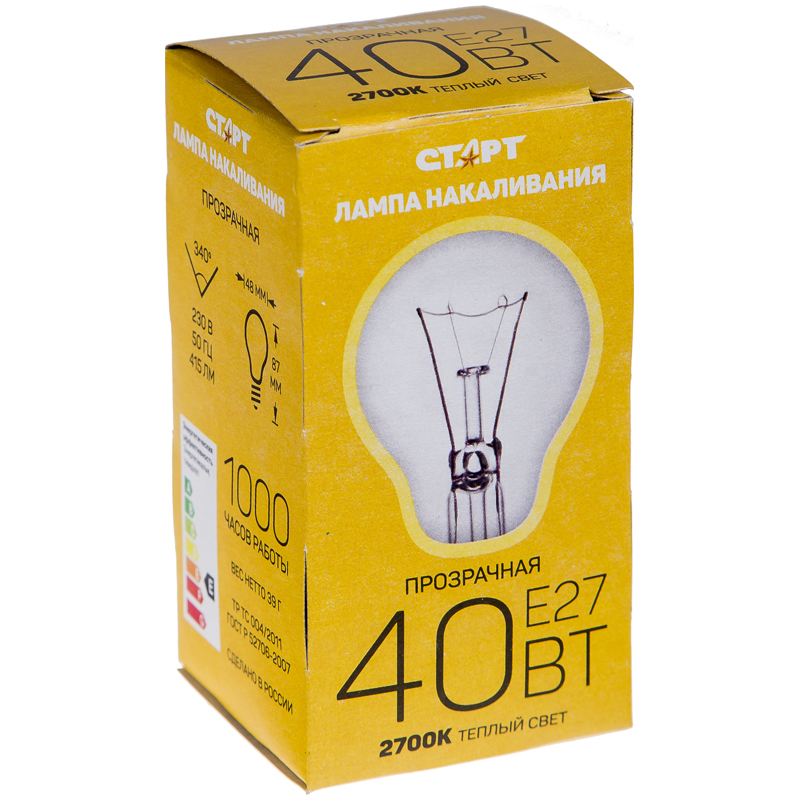 Лампа накаливания Старт Б 40W, E27, прозрачная