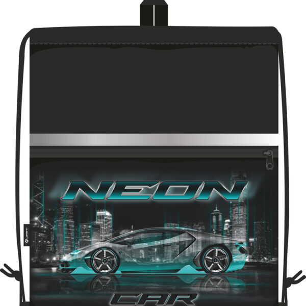 Сумка для сменной обуви Lamark Neon Car/Неоновый авто, 41х48 см, на шнурке, карман на молнии, полноцв. печать на кармане, светоотр. лента, ручка-петля