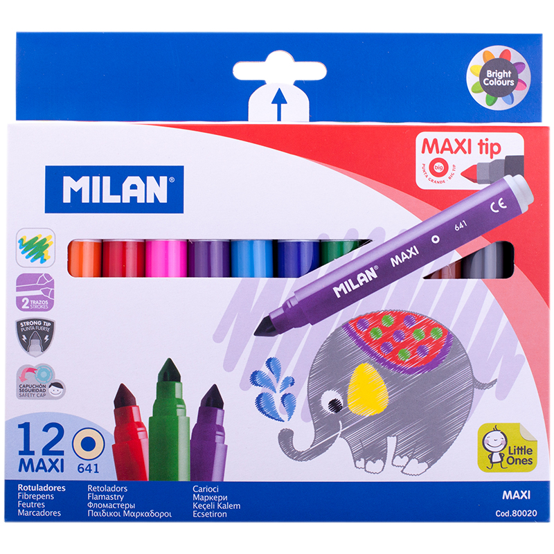 Фломастеры Milan "641 Maxi", 12цв., утолщенные, смываемые, картон, европодвес