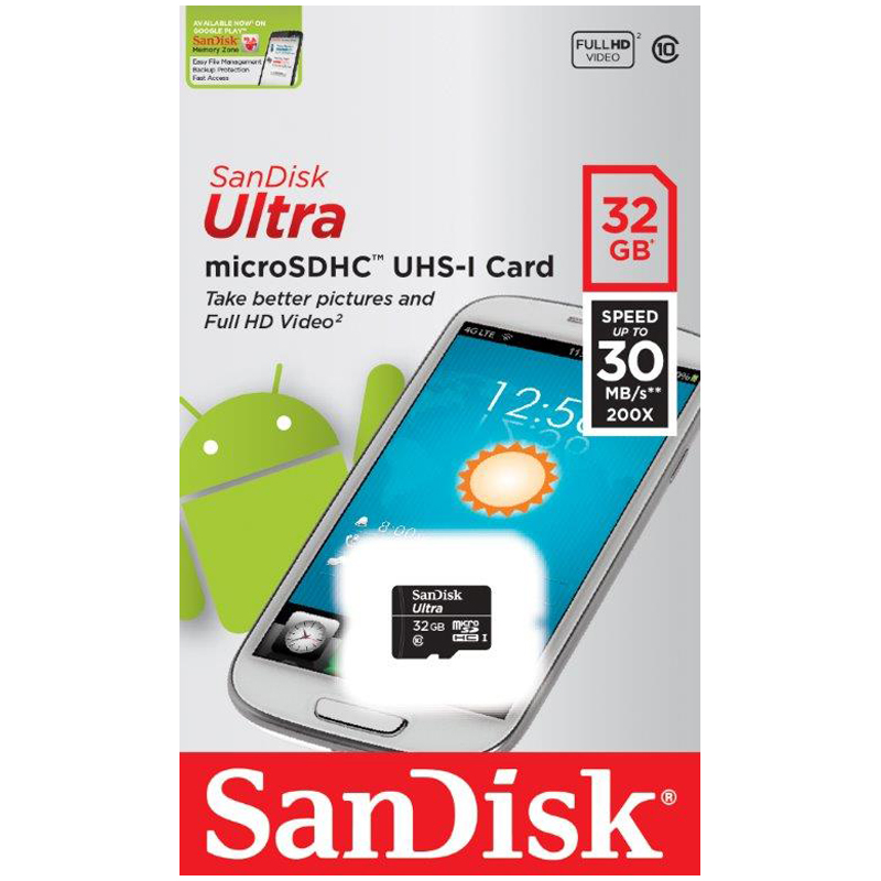 Карта памяти SanDisk MicroSDHC Ultra 32GB, Class 10, скорость чтения 30Мб/сек