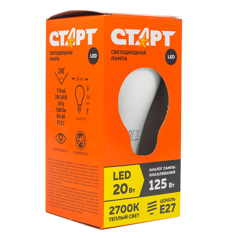 Лампа светодиодная Старт LED, серия "ЭКО" 20W30, тип А "груша", Е27, 2700к, теплый свет, 15000ч