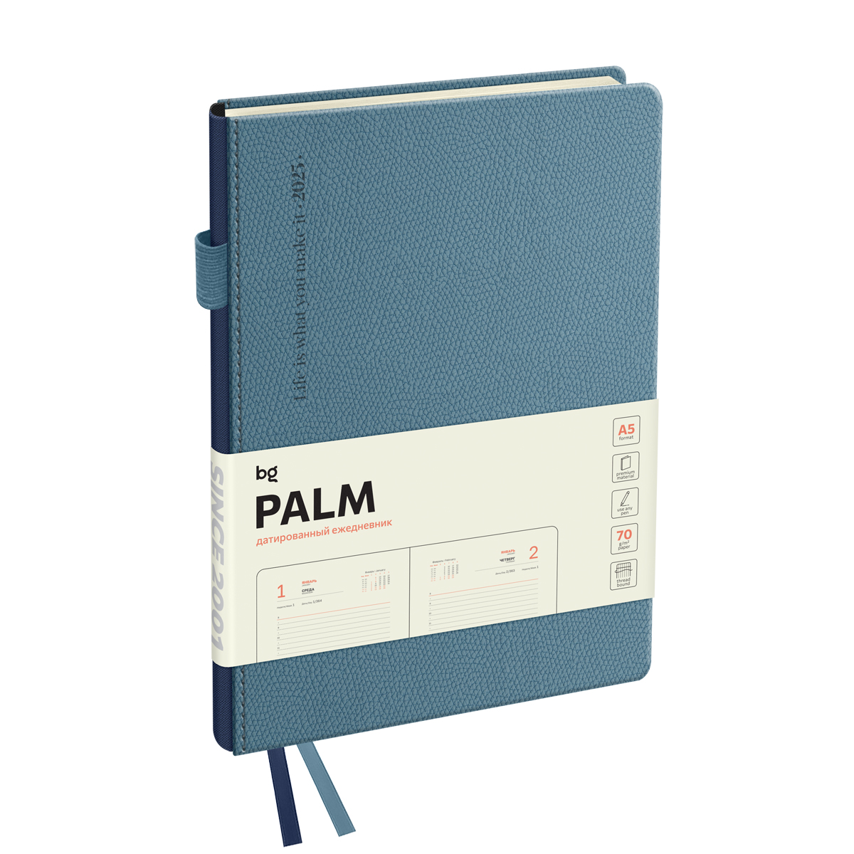 Ежедневник датированный 2025г., А5, 176л., твердый переплет, кожзам, BG "Palm. Steel blue", голубой