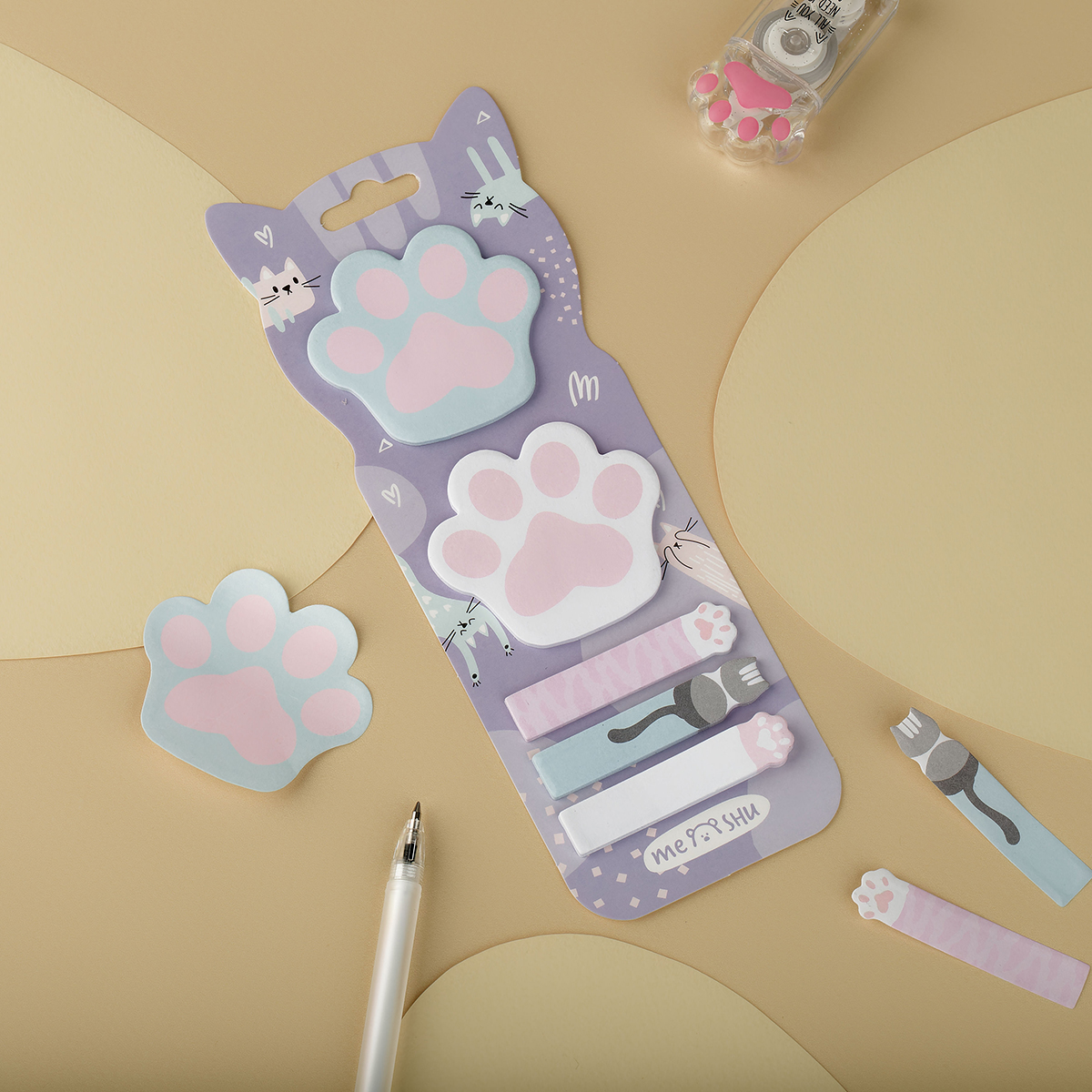 Флажки-закладки самоклеящиеся блоки в наборе MESHU "Paws", 20л*5 цветов, европодвес